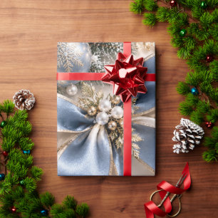 Papier Cadeau Rubans de Noël en or bleu givré de luxe