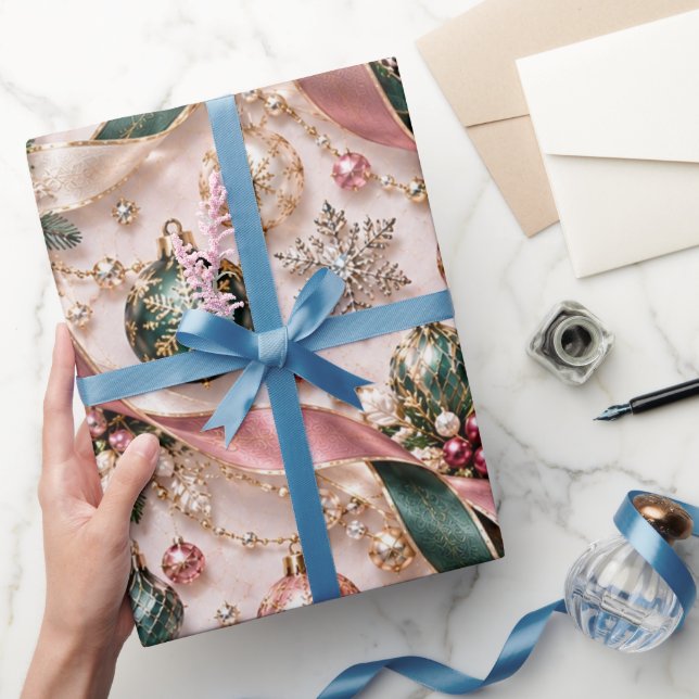 Papier Cadeau Rubans de Noël Rose Pâle Vert (Cadeaux)