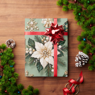 Papier Cadeau Rubans de Noël Vert Emeraude Sauge