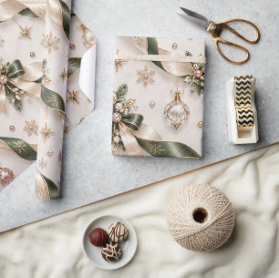 Papier Cadeau Rubans de Noël Vert Sauge Rose