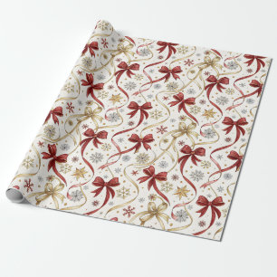 Papier Cadeau Rubans et nœuds rouges et or faux Noël Fêtes
