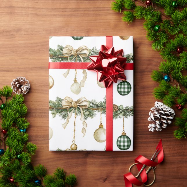 Papier Cadeau Rubans Marron Rustique Crème Vert Noël   (Cadeau de vacances)