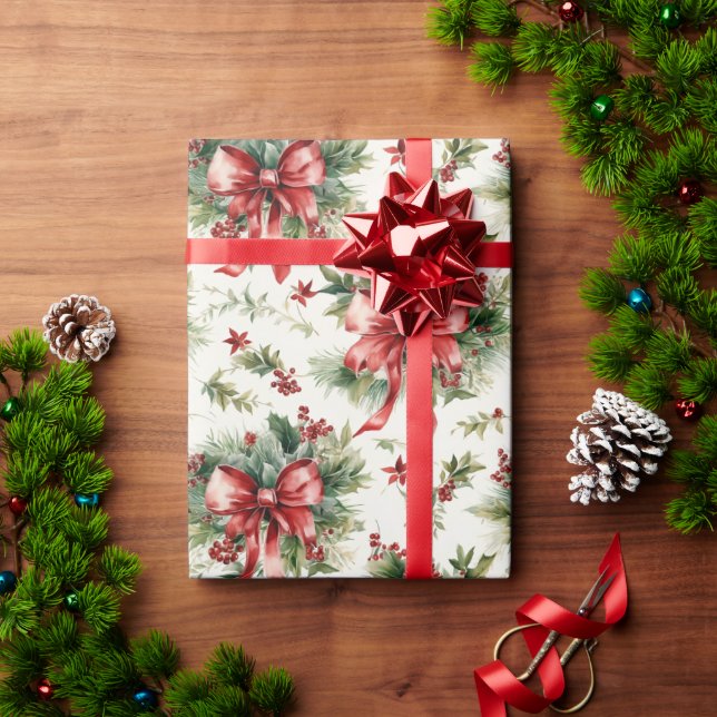 Papier Cadeau Rubans Rouges et Feuilles de Houx (Cadeau de vacances)