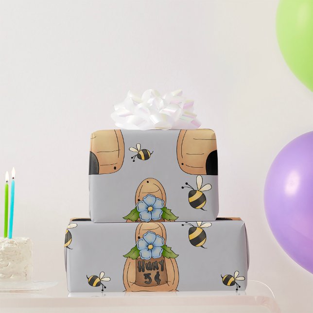 Papier Cadeau Ruche d'abeille avec fleur bleue et abeilles (Créateur téléchargé)