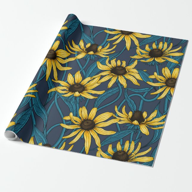 Papier Cadeau Rudbekia jaune sur la marine (Déroulé)
