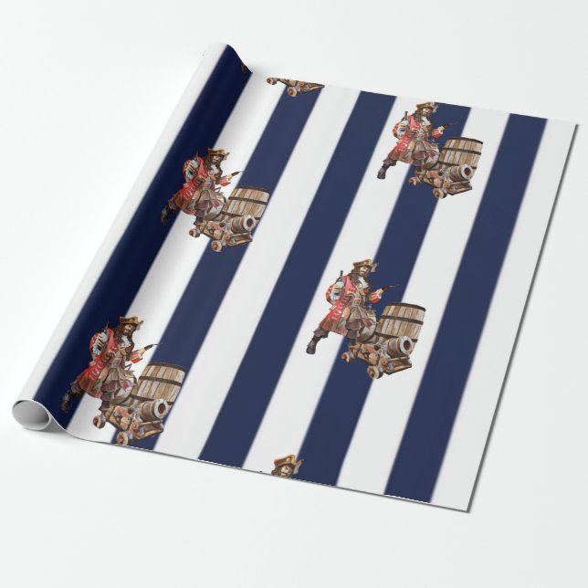 Papier Cadeau Rum PARTY PIRATE bleu & blanc Papier à enveloppeme (Déroulé)