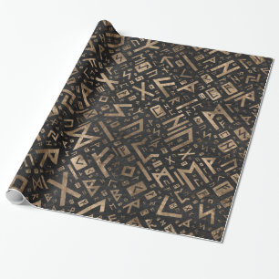 Papier Cadeau Runes Anciennes - Motif Futhark Or sur Bois Noir 2