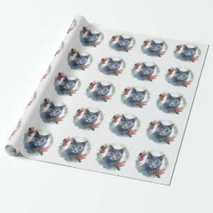 Papier Cadeau Russe Blue Chat Noël Wreath Festive Kitten
