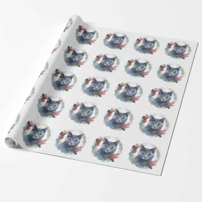 Papier Cadeau Russe Blue Chat Noël Wreath Festive Kitten (Déroulé)