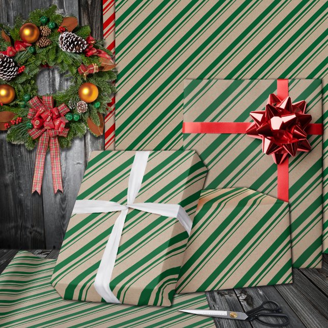 Papier Cadeau Russe Kraft Forest Green Candy Stripes vacances (Forest Green Candy Cane Stripe Holiday Wrapping Paper Rolls in 6 and 15 foot rolls.)
