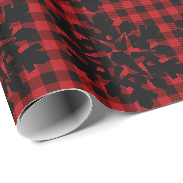 Papier Cadeau Russe rouge noir plaid avec détail de flocon de ne (Coin rond)
