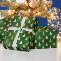Papier Cadeau Russe vintage d'or vert de Noël arbres motif