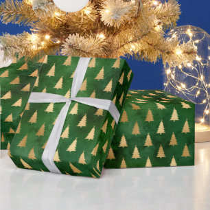 Papier Cadeau Russe vintage d'or vert de Noël arbres motif