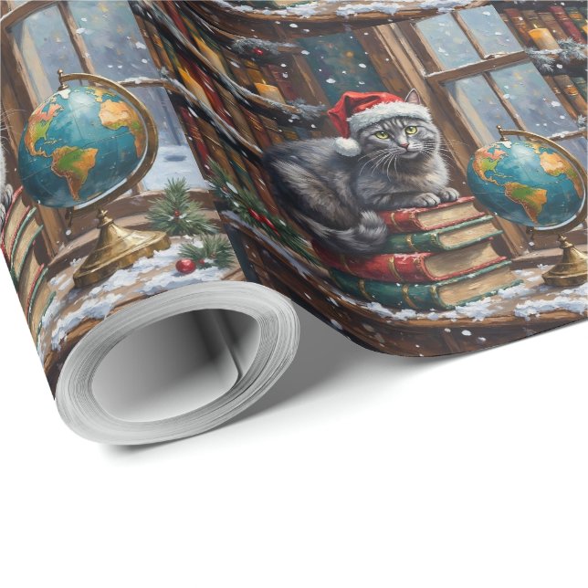 Papier Cadeau Russian Blue Cat Christmas Library Reading Nook (Coin rond)