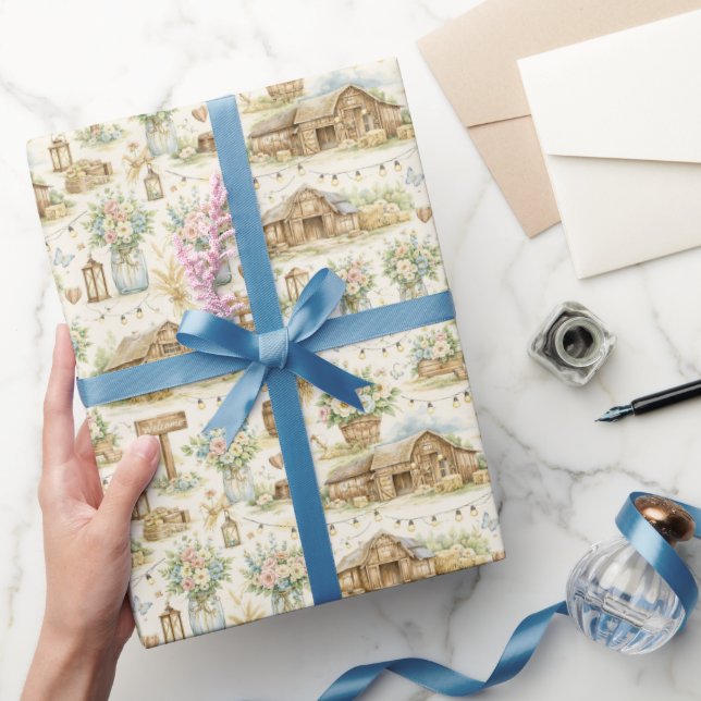 Papier Cadeau Rustic Barn Wedding Watercolor Pattern (Cadeaux)