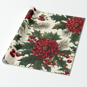 Papier Cadeau Rustic Bird et Poinsettia Motif de Noël (10)