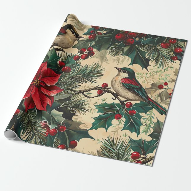 Papier Cadeau Rustic Bird et Poinsettia Motif de Noël (13) (Déroulé)