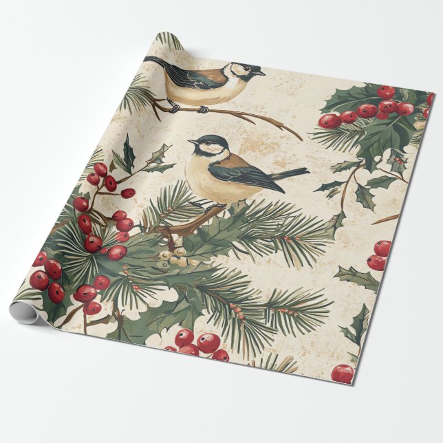 Papier Cadeau Rustic Bird et Poinsettia Motif de Noël (8) (Déroulé)