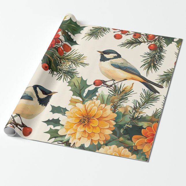 Papier Cadeau Rustic Bird et Poinsettia Motif de Noël (9) (Déroulé)