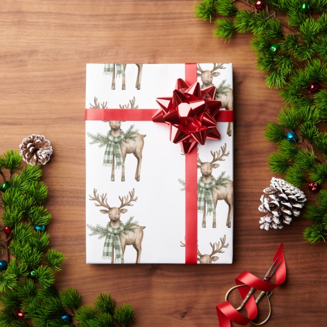Papier Cadeau Rustic Brown Bows Cream Green Christmas Trees Deer (Cadeau de vacances)
