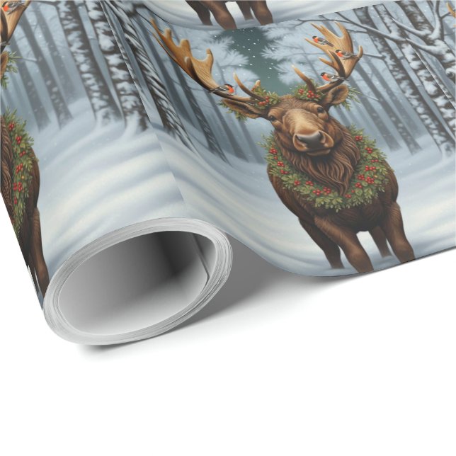 Papier Cadeau Rustic Christmas moose winter woodland forest  (Coin rond)