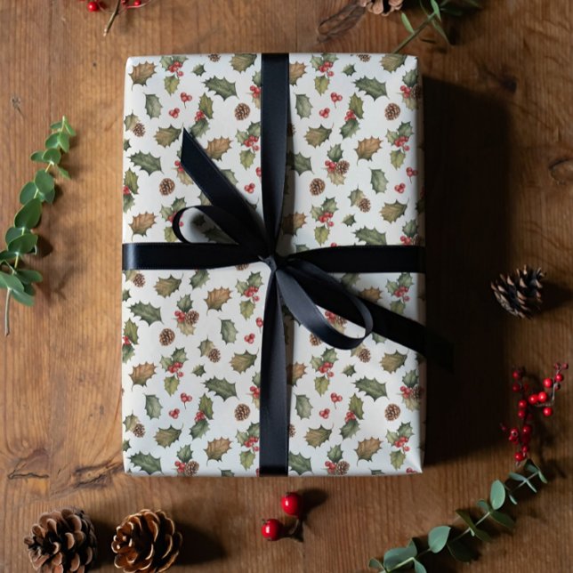 Papier Cadeau Rustic holly and pine Christmas  (Créateur téléchargé)