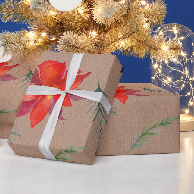 Papier Cadeau Rustic Kraft Couleur Verdure d'hiver & Poinsettia (Vacances)