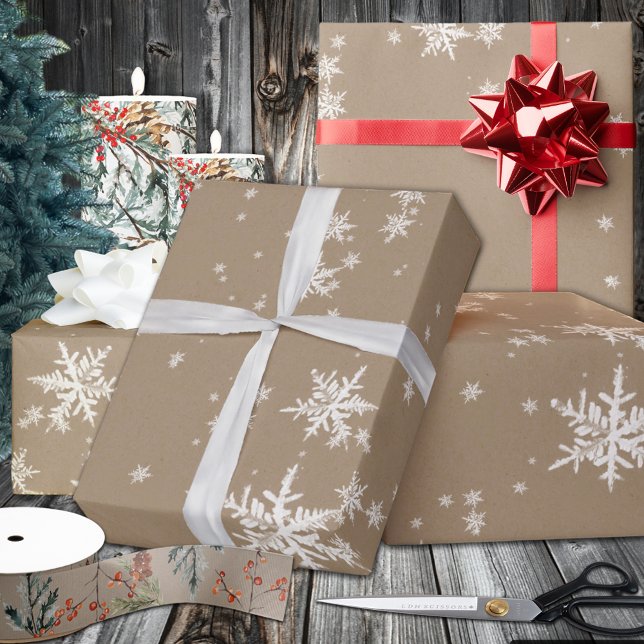 Papier Cadeau Rustic Kraft Winter White Snowflakes (Rustic Kraft Winter White Snowflake Wrapping Paper in 6 and 15 foot long 30 Inch Width Rolls
)