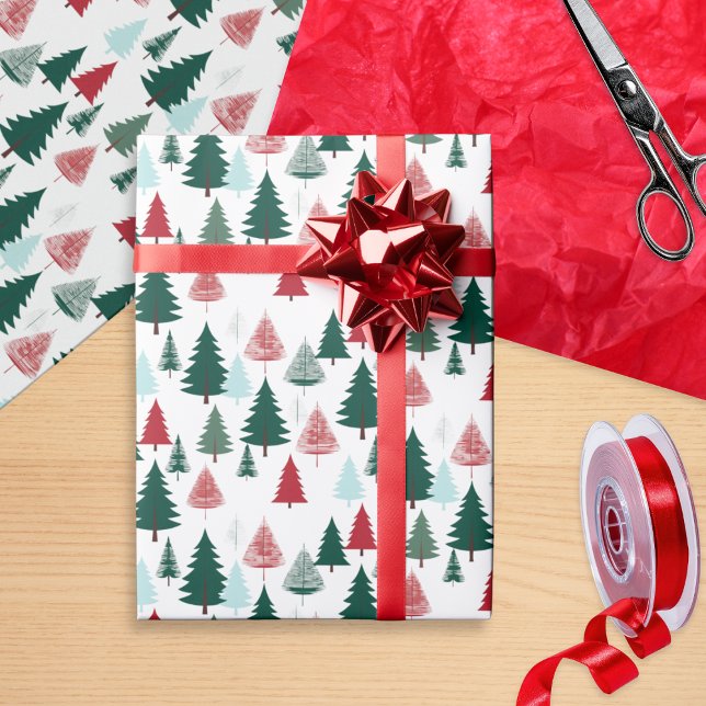 Papier Cadeau Rustic Pine Forest Scandi Christmas Trees Pattern (Christmas gift wrapping paper, patterned with red, green and mint pine trees on a white background)