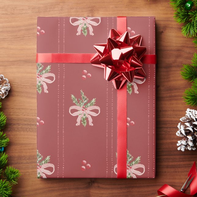 Papier Cadeau Rustic Red Botanical Bows Christmas (Rustic Red Botanical Bows Christmas Wrapping Paper | Vintage Holiday Elegance by Painted Paperie)