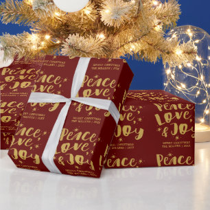 Papier Cadeau Rustic Red Gold Peace Love & Joy Noël de Noël