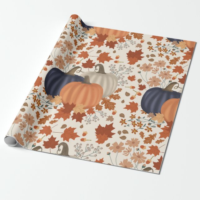 Papier Cadeau Rustique Automne Citrouille Feuille Fleur sauvage (Déroulé)