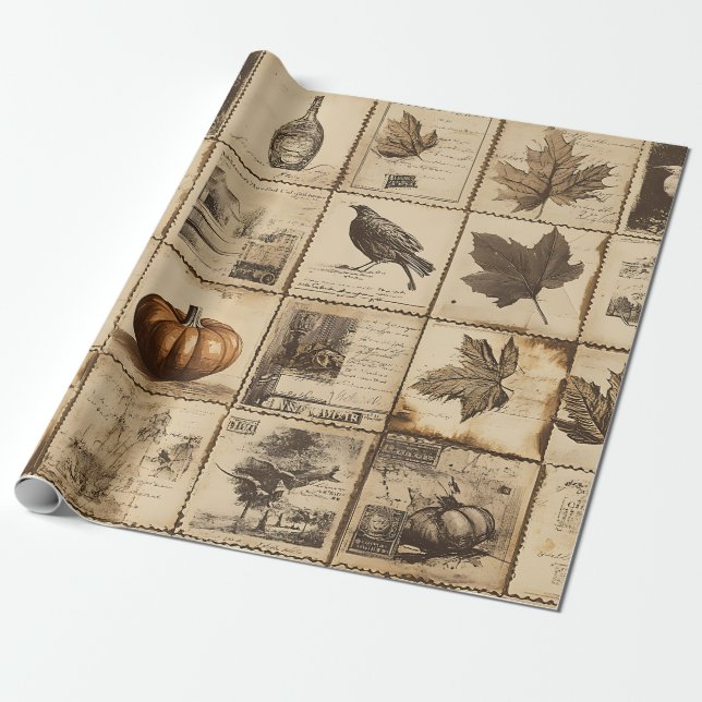 Papier Cadeau Rustique Automne Ephemera Collage | Terre chaude ( (Déroulé)