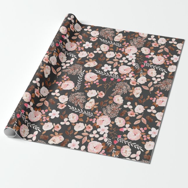 Papier Cadeau Rustique Automne Floral Aquarelle Motif Rose Brown (Déroulé)