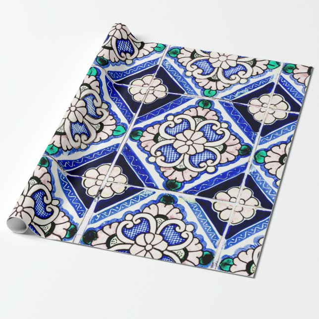 Papier Cadeau Rustique Azulejo Motif espagnol Carreaux Marine Bl (Déroulé)