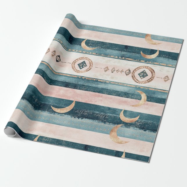 Papier Cadeau Rustique Céleste Rayure Lune Soleil Terreen (10) (Déroulé)