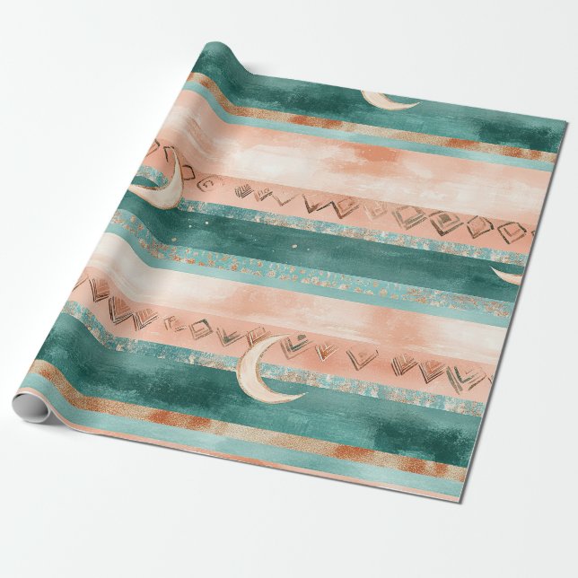 Papier Cadeau Rustique Céleste Rayure Lune Soleil Terreuse (8) (Déroulé)