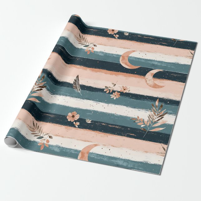 Papier Cadeau Rustique Céleste Rayure Lune Soleil Terrien (2) (Déroulé)
