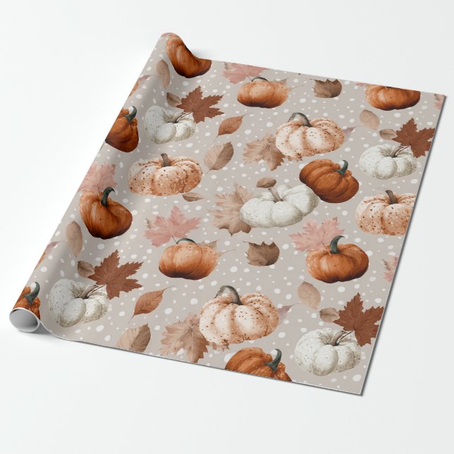 Papier Cadeau Rustique Citrouilles d'automne et feuilles d'autom (Déroulé)