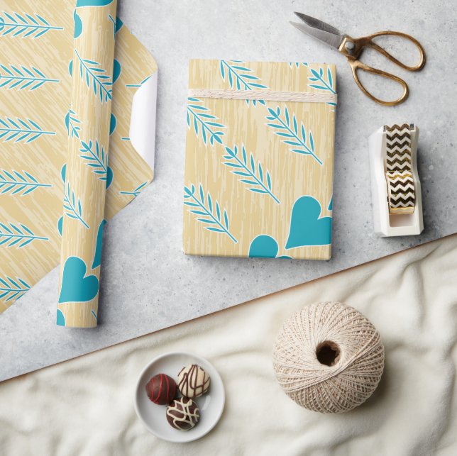 Papier Cadeau Rustique Coeur Bleu Turquoise Aqua Tan Brown (Artisanat)