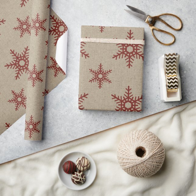 Papier Cadeau Rustique Faux Burlap et Motif Red Snowflake (Artisanat)