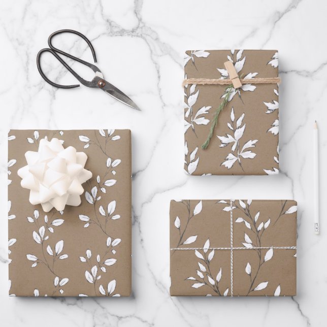 Papier Cadeau Rustique Kraft Blanc Feuille de tige verte (Recto)