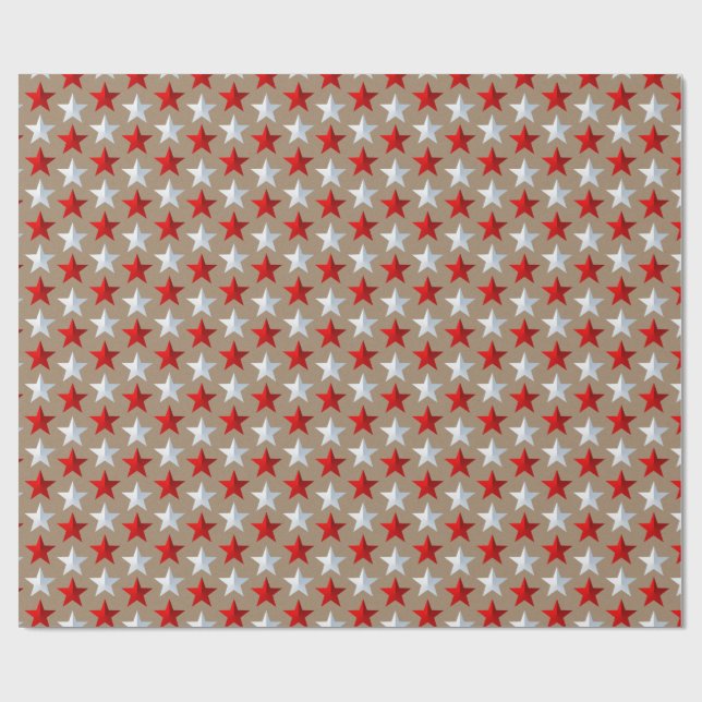 Papier Cadeau Rustique Kraft Bright Red White Stars (Plat)