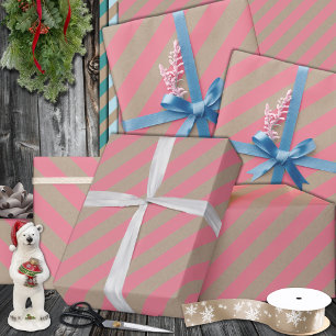Papier Cadeau Rustique Kraft Dusty Rose rose large bande vacance