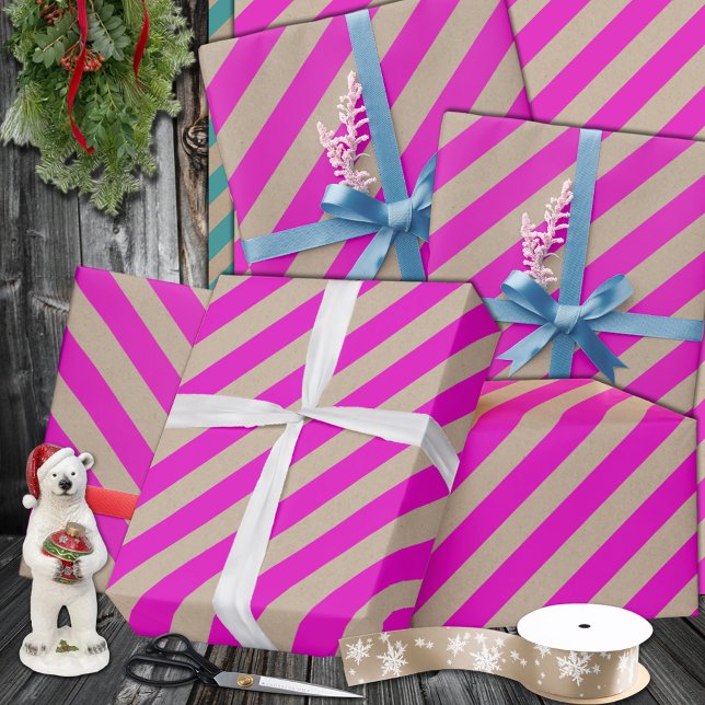 Papier Cadeau Rustique Kraft Hot rose Large bande vacances (Rustic Kraft Hot Pink Wide Stripe Holiday Wrapping Paper In 6 & 15 foot rolls of 30 inches width)