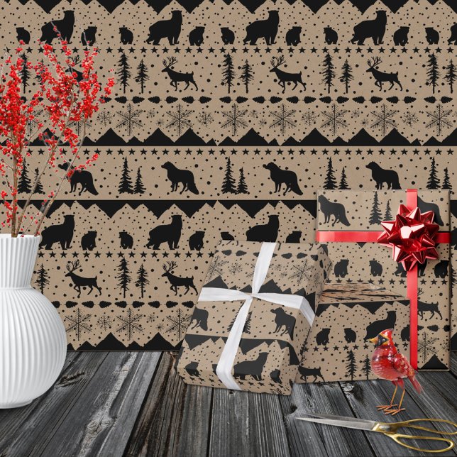Papier Cadeau Rustique Kraft Nordic Sweater Black Winter Animaux (Rustic Kraft Nordic Sweater Black Winter Animals Christmas Holiday Neutral Gift Wrapping Paper Roll)