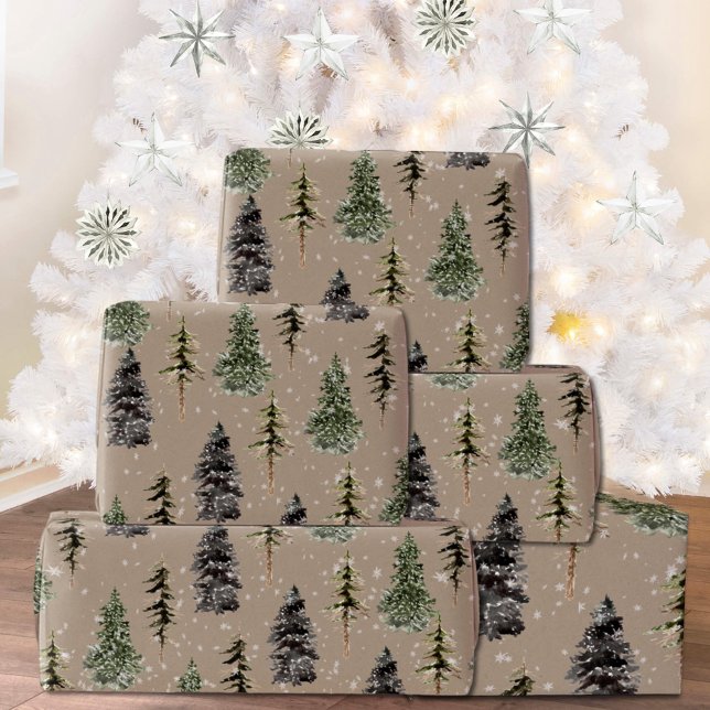 Papier Cadeau Rustique Kraft Winter Woodland Snowy Spruce Trees (Créateur téléchargé)