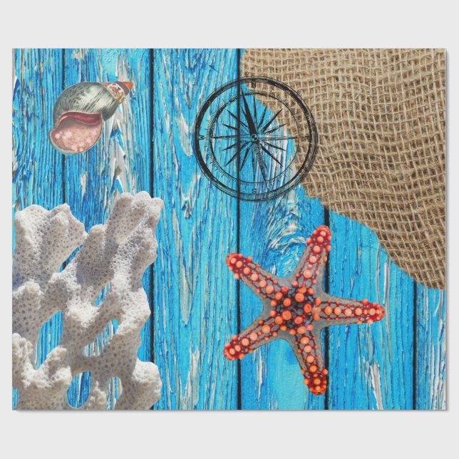 Papier Cadeau Rustique Nautique Bleu Burlap Starfish (Plat)