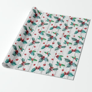 Papier Cadeau Rustique Noël Holly sur la grange blanche Motif en