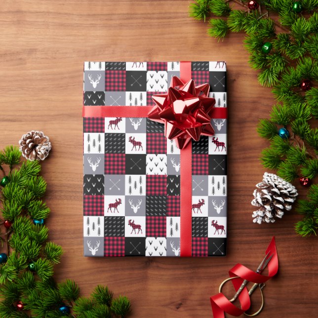 Papier Cadeau Rustique Noël rouge blanc à carreaux plaid patchwo (Cadeau de vacances)